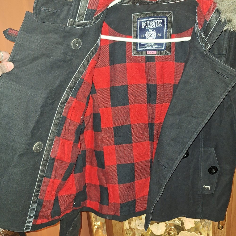 PINK Victoria's Secret Black Peacoat with Red Plaid Lining and Faux Fur Trim - Picture 7 of 16